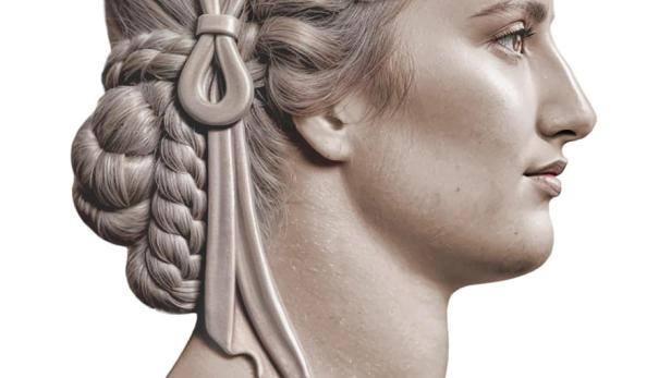 Das Porträt einer Frau mit dem Schriftzug „Libertas“ auf einem Stirnband, darunter der Text „Unser Geld“.