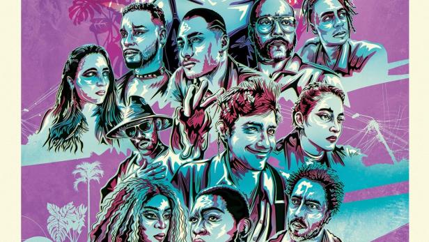 Das Filmplakat für „Llueve Sobre Babel“ zeigt eine Gruppe von Schauspielern vor tropischen Pflanzen.