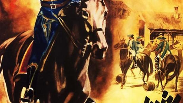 Das Filmplakat für „Mandrin, der tolle Musketier“ zeigt einen Mann zu Pferd mit gezogenem Schwert.