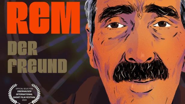 Das Filmplakat für „Muharrem Der Freund“ zeigt eine stilisierte Porträtzeichnung eines Mannes mit Schnurrbart.