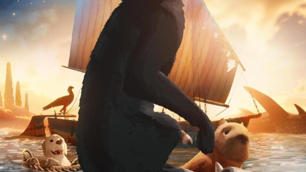 Ein schwarzer Kater auf einem Segelboot mit anderen Tieren auf dem Wasser.