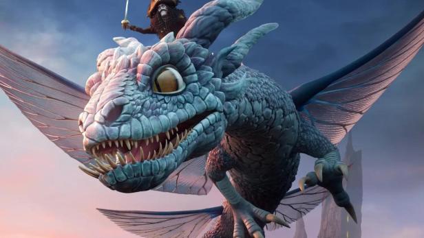 Ein animierter Drache mit einem Piraten auf dem Rücken, Titelbild für „Kaptein Sabeltann og Grevinnen av Gral“.