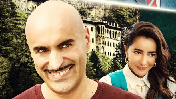 Das Filmplakat für „Temel: Sümelas Passwort – Wiedergeburt“ mit den Hauptdarstellern vor dem Sumela-Kloster.