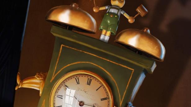 Das Poster für Disneys „Tick Tock Tale“ zeigt eine Uhr mit einer Holzfigur.