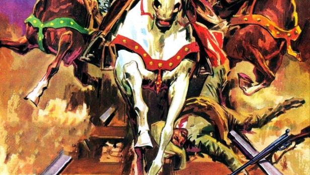 Das Cover des Films „Töte Amigo“ zeigt bewaffnete Reiter, die über eine Eisenbahnlinie springen.