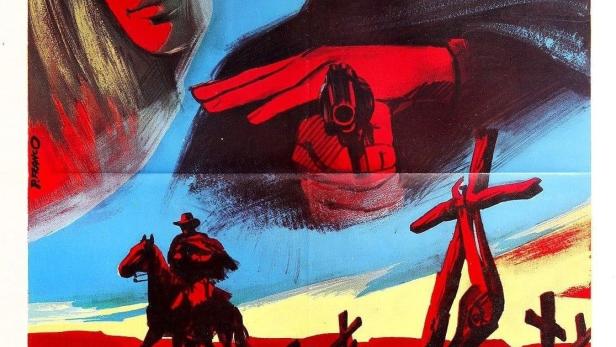 Das Filmplakat für „Una pistola per 100 croci“ zeigt einen Revolverhelden und eine Frau vor einem Friedhof.