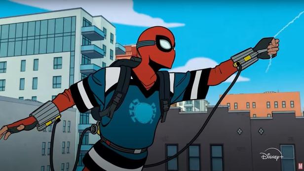 Spider-Man schwingt sich in einem alternativen Kostüm durch die Stadt.