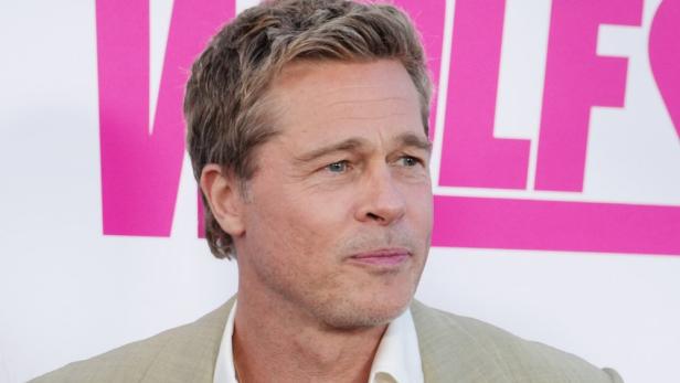 Porträt von Brad Pitt vor einem pinkfarbenen Hintergrund.