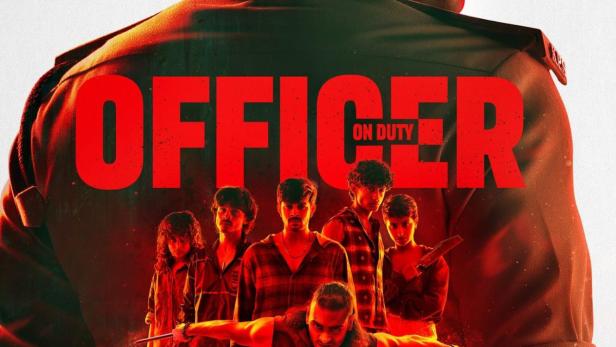 Ein Filmposter für „Officer on Duty“ zeigt einen Polizisten mit Blick auf eine Gruppe von Kriminellen.