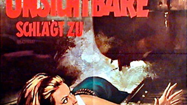 Eine Frau weicht auf dem Filmplakat von „Der Unsichtbare schlägt zu“ einem Zug aus.