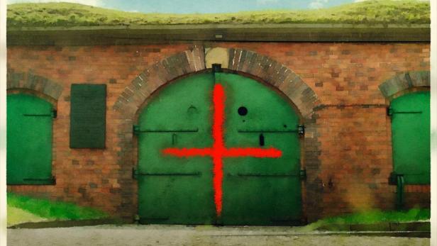 Das Filmplakat für „Disposable Humanity“ zeigt eine Festung mit einem roten Kreuz auf einem grünen Tor.