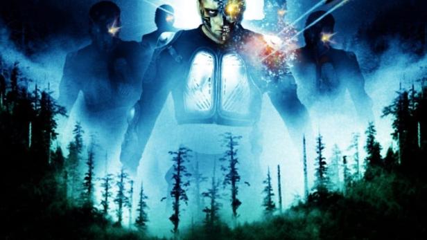 Das Filmplakat für „Universal Soldiers“ zeigt futuristische Soldaten vor einem dunklen Wald.