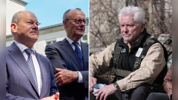 Ein geteiltes Bild zeigt Olaf Scholz, Friedrich Merz und Miroslav Nemec, bekannt aus der Fernsehreihe „Tatort“.