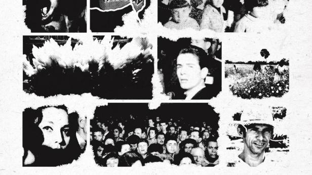 Das Filmplakat für „Under the Flags, The Sun“ zeigt verschiedene Schwarzweißfotografien.