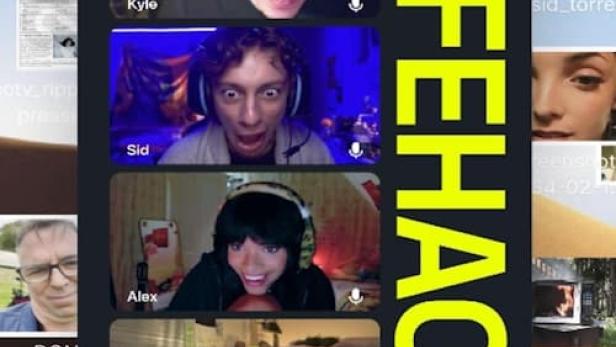 Ein Screenshot eines Videoanrufs mit vier Personen und dem Wort „LIFEHACK“.