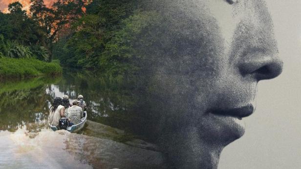 Das Filmplakat für „Patrol“ zeigt ein Gesichtsprofil über einem brennenden Amazonasgebiet und einer Bootsfahrt.