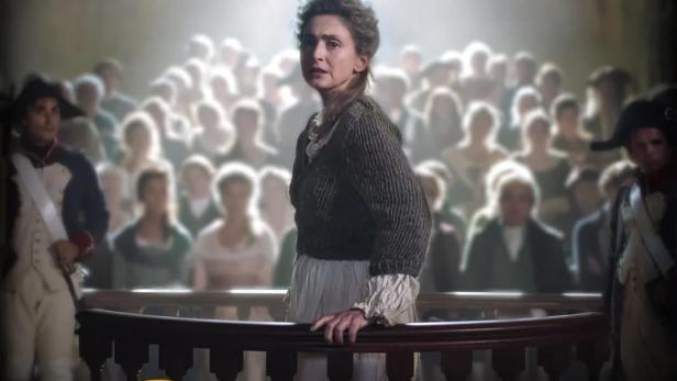 Das Filmplakat für „Olympe“ zeigt eine Frau vor einer Menschenmenge während der Französischen Revolution.