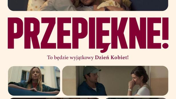 Das Filmplakat für „Przepiękne!“ zeigt mehrere Schauspieler in verschiedenen Szenen.