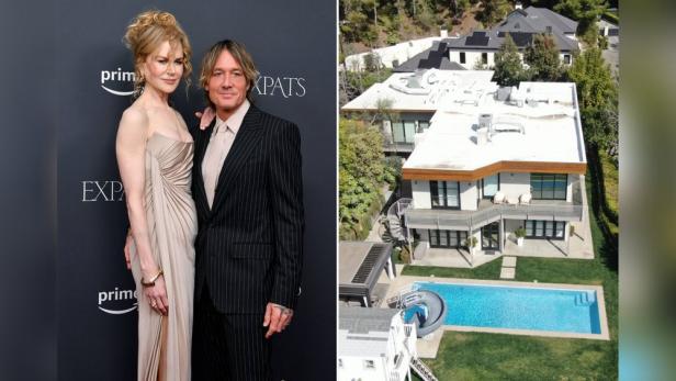 Nicole Kidman und Keith Urban posieren; im Hintergrund ein großes Haus mit Pool.