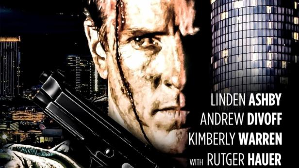 Das Filmplakat für „Blast“ zeigt Linden Ashby mit einer Waffe vor einem brennenden Gebäude.