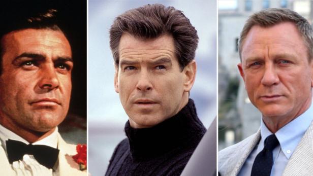 Porträts von Sean Connery, Pierce Brosnan und Daniel Craig, die James Bond darstellten.