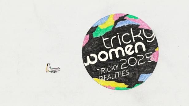 Eine Zeichnung für „Tricky Women 2025: Tricky Realities“ mit einer liegenden Frau im Hintergrund.