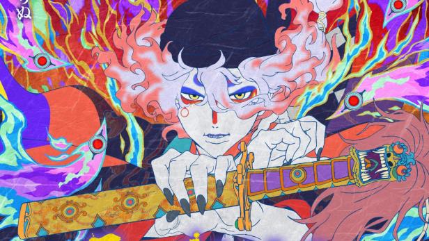 Ein Anime-Poster mit einer Figur, die ein Schwert hält, umgeben von bunten Flammen und japanischer Schriftzeichen.