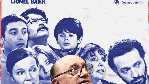 Das Filmplakat zu „La Cache“ zeigt die Gesichter der Schauspieler vor einem rot-blauen Hintergrund.