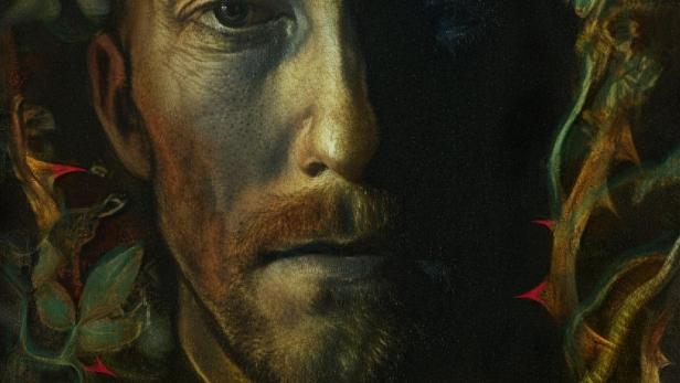 Ein Porträt von „Hager“, umrahmt von Pflanzen und Dornen.