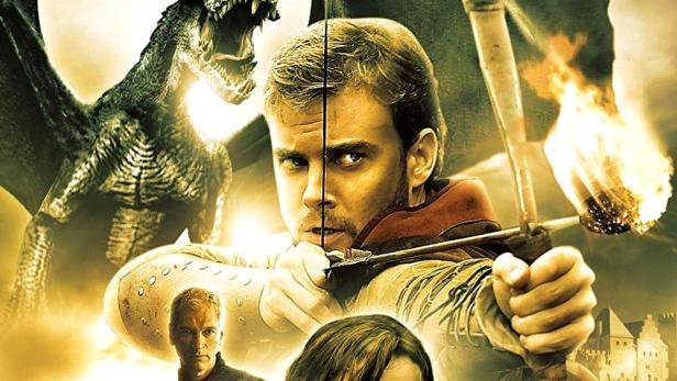 Das Filmplakat für „Beyond Sherwood Forest“ zeigt einen Mann mit Pfeil und Bogen, einen Drachen und eine Burg.