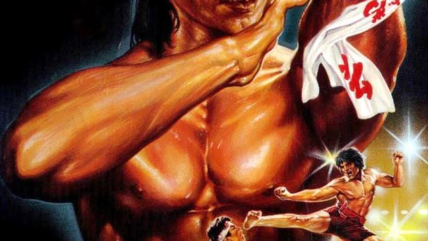 Das Filmplakat für „Bloodfight“ zeigt einen muskulösen Mann in Kampfpose.