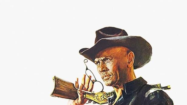 Das Filmplakat für „Adios Sabata“ zeigt Yul Brynner mit Gewehr und Cowboyhut.