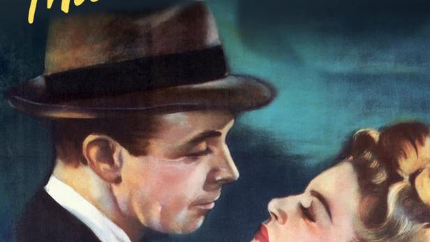 Das Filmplakat für „Murder, My Sweet“ zeigt einen Mann mit Hut und eine Frau mit roten Lippen.