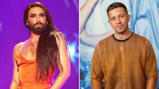 Conchita Wurst und Nico Santos posieren für ein Foto.