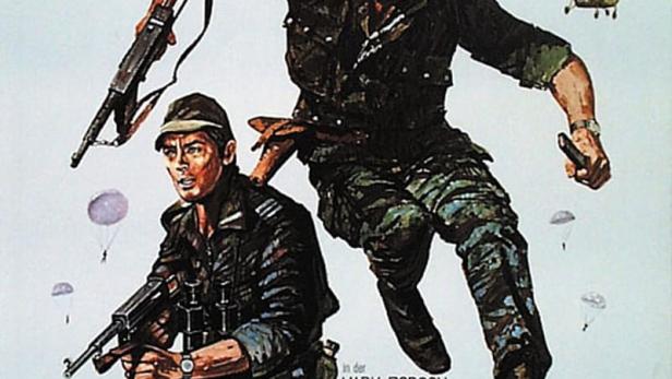 Das Filmplakat für „Sie fürchten weder Tod noch Teufel“ zeigt zwei bewaffnete Soldaten und Hubschrauber.