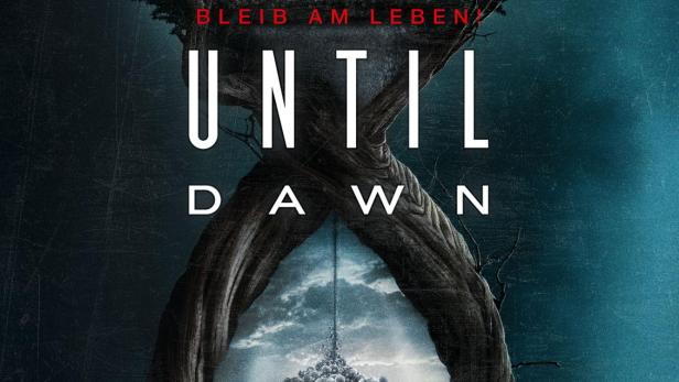Das Filmplakat für „Until Dawn“ zeigt ein unheimliches Haus, das auf einem Berg aus Schädeln steht.