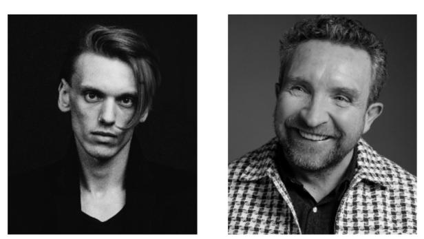 Porträts von Jamie Campbell Bower und Eddie Marsan in Schwarzweiß.