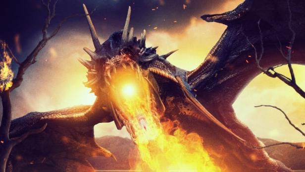Ein Drache speit Feuer auf einen Soldaten; Filmposter für „Dragon Fury: Wrath of Fire“.