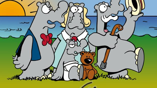 Eine Gruppe Ottifanten-Charaktere vor einer Küstenlandschaft mit dem Schriftzug „Ottifanten“.