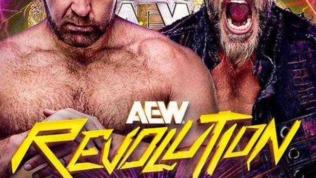 Werbeplakat für AEW Revolution mit Jon Moxley und Adam Copeland (Edge) in Los Angeles.