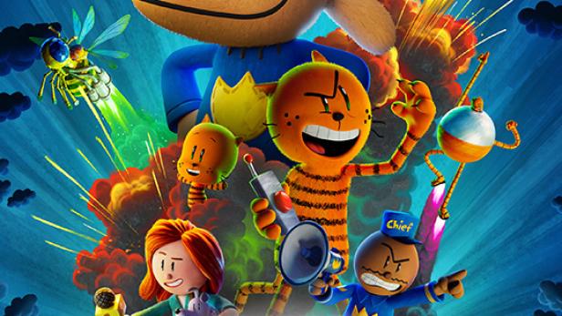 Das Filmplakat für „Dog Man: Wau gegen Miau“ zeigt die animierten Hauptfiguren vor einer Stadtkulisse.