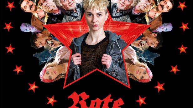 Das Filmplakat für „Rote Sterne überm Feld“ zeigt eine junge Frau vor einem roten Stern, umgeben von weiteren Personen.