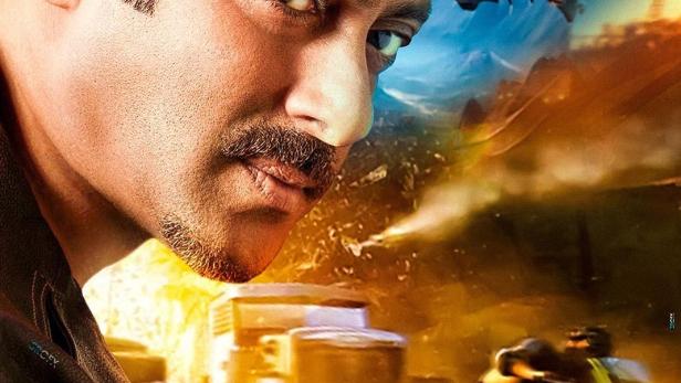 Das Filmplakat für „Sikandar“ zeigt Salman Khan vor einer actionreichen Szene mit Flugzeugen und Explosionen.