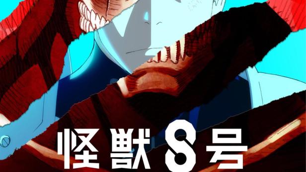 Das Poster für „Kaiju No. Eight“ zeigt einen Mann, dessen Gesicht zur Hälfte von einem Monster überlagert wird.