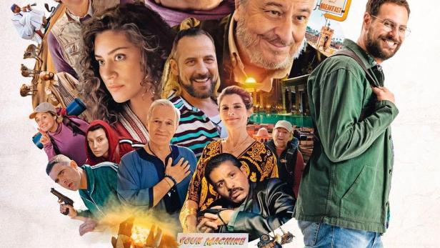 Das Filmplakat für „Le Routard“ zeigt eine Collage von Charakteren und Schauplätzen vor einem Mann, der zu Fuß unterwegs ist.