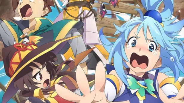 Das Team aus der Anime-Serie „KonoSuba“ steht vor einer gefährlichen Situation.