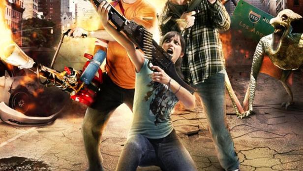 Das Filmplakat von „TerrorDactyl“ zeigt drei Personen, die Dinosaurier mit Waffen bekämpfen.