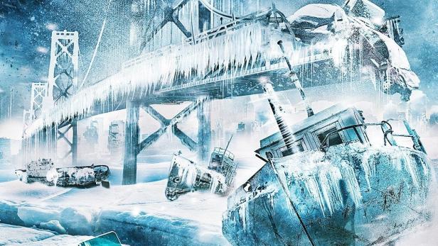 Das Poster für „Cold Zone“ zeigt eine vereiste Brücke, Schiffe und einen Hubschrauber in einer eisigen Landschaft.