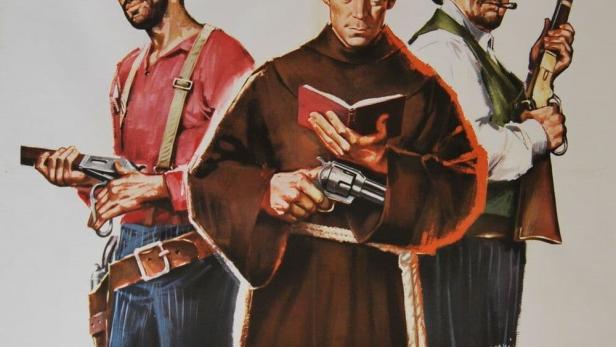 Das Filmplakat für „La più grande rapina del West“ zeigt drei bewaffnete Männer.