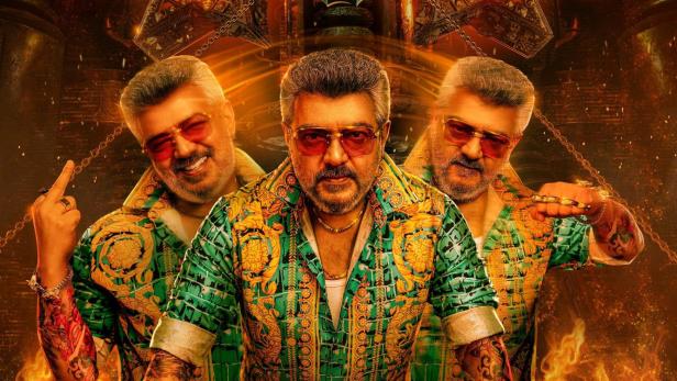 Ein Filmplakat für „Good Bad Ugly“ mit einem Mann in einem bunten Hemd und Waffen auf einem Tisch.